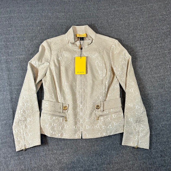 St John Womens Suit Set Ivory Blazer Pants Beige Snake Print Metallic Size 8 NWT - Picture 2 of 16